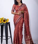maroon zari woven stripes printed cotton silk,silk blend saree with unstitched blouse piece
