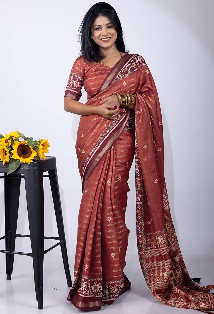maroon zari woven stripes printed cotton silk,silk blend saree with unstitched blouse piece