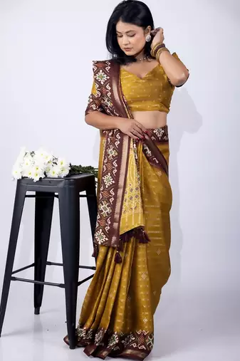 Mustard zari woven stripes printed cotton silk blend  saree with unstitched blouse piece