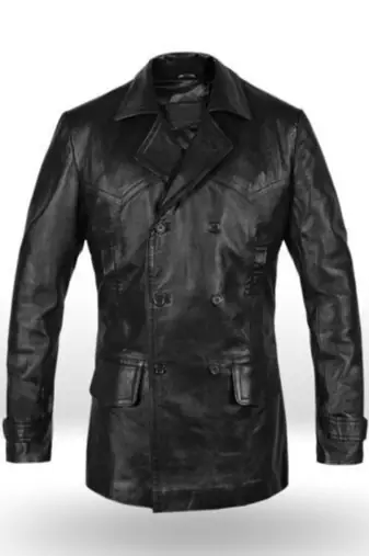 Men's shine  black lambskin leather coat 2 envelope zipper pocket &  button detail