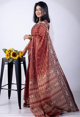maroon zari woven stripes printed cotton silk,silk blend saree with unstitched blouse piece 2
