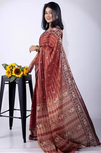 maroon zari woven stripes printed cotton silk,silk blend saree with unstitched blouse piece