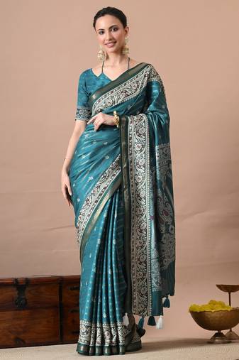 Teal zari woven stripes printed cotton silk blend  saree with unstitched blouse piece