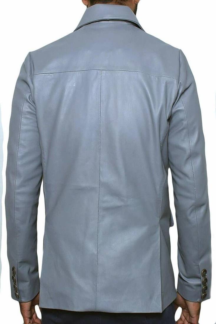 Men's blue lambskin leather coat blazer 2 envelope pocket &   button detail