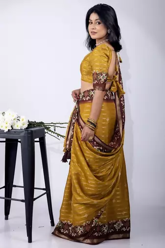 Mustard zari woven stripes printed cotton silk blend  saree with unstitched blouse piece