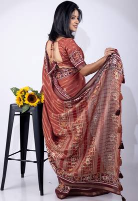 maroon zari woven stripes printed cotton silk,silk blend saree with unstitched blouse piece 3