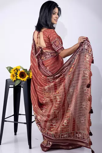 maroon zari woven stripes printed cotton silk,silk blend saree with unstitched blouse piece