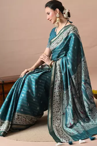 Teal zari woven stripes printed cotton silk blend  saree with unstitched blouse piece