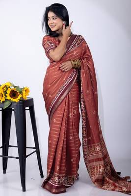 maroon zari woven stripes printed cotton silk,silk blend saree with unstitched blouse piece 4