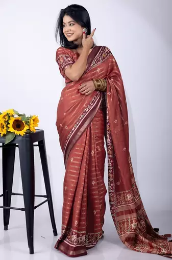 maroon zari woven stripes printed cotton silk,silk blend saree with unstitched blouse piece