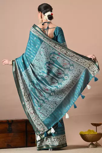 Teal zari woven stripes printed cotton silk blend  saree with unstitched blouse piece