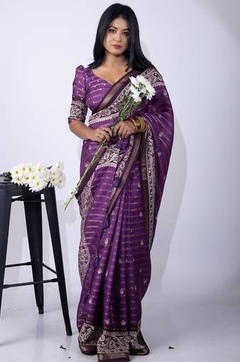 Purple zari woven stripes printed cotton silk blend  saree with unstitched blouse piece