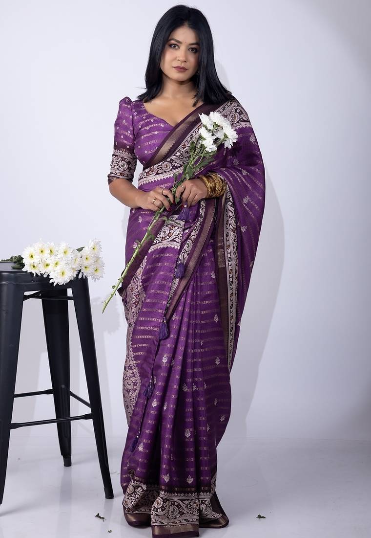 Purple zari woven stripes printed cotton silk blend  saree with unstitched blouse piece
