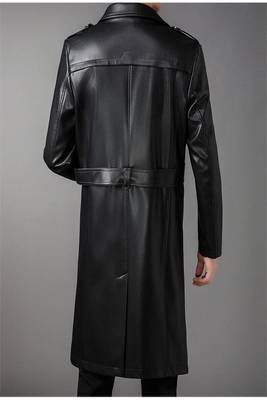 Men's black  lambskin leather long tranch coat & notched lapel collar & sleeve straps detail 1