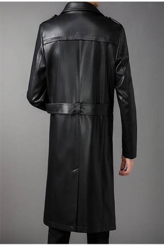 Men's black  lambskin leather long tranch coat & notched lapel collar & sleeve straps detail