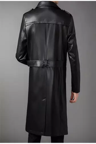 Men's black  lambskin leather long tranch coat & notched lapel collar & sleeve straps detail