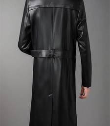Men's black  lambskin leather long tranch coat & notched lapel collar & sleeve straps detail
