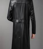 Men's black  lambskin leather long tranch coat & notched lapel collar & sleeve straps detail