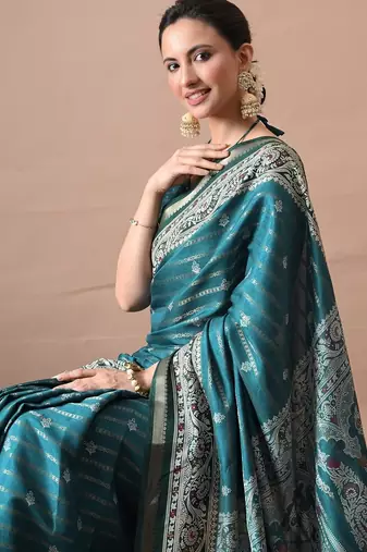 Teal zari woven stripes printed cotton silk blend  saree with unstitched blouse piece