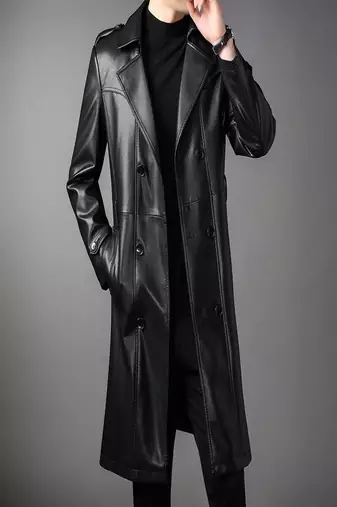 Men's black  lambskin leather long tranch coat & notched lapel collar & sleeve straps detail