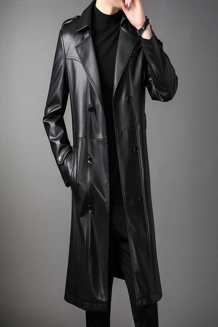 Men's black  lambskin leather long tranch coat & notched lapel collar & sleeve straps detail