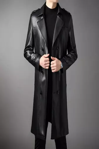 Men's black  lambskin leather long tranch coat & notched lapel collar & sleeve straps detail