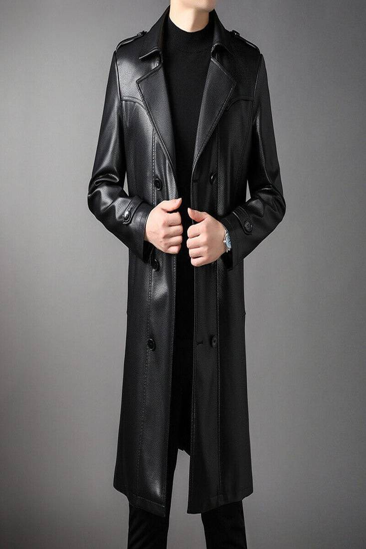 Men's black  lambskin leather long tranch coat & notched lapel collar & sleeve straps detail