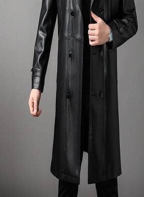 Men's black  lambskin leather long tranch coat & notched lapel collar & sleeve straps detail 4