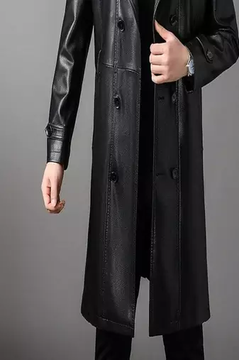 Men's black  lambskin leather long tranch coat & notched lapel collar & sleeve straps detail