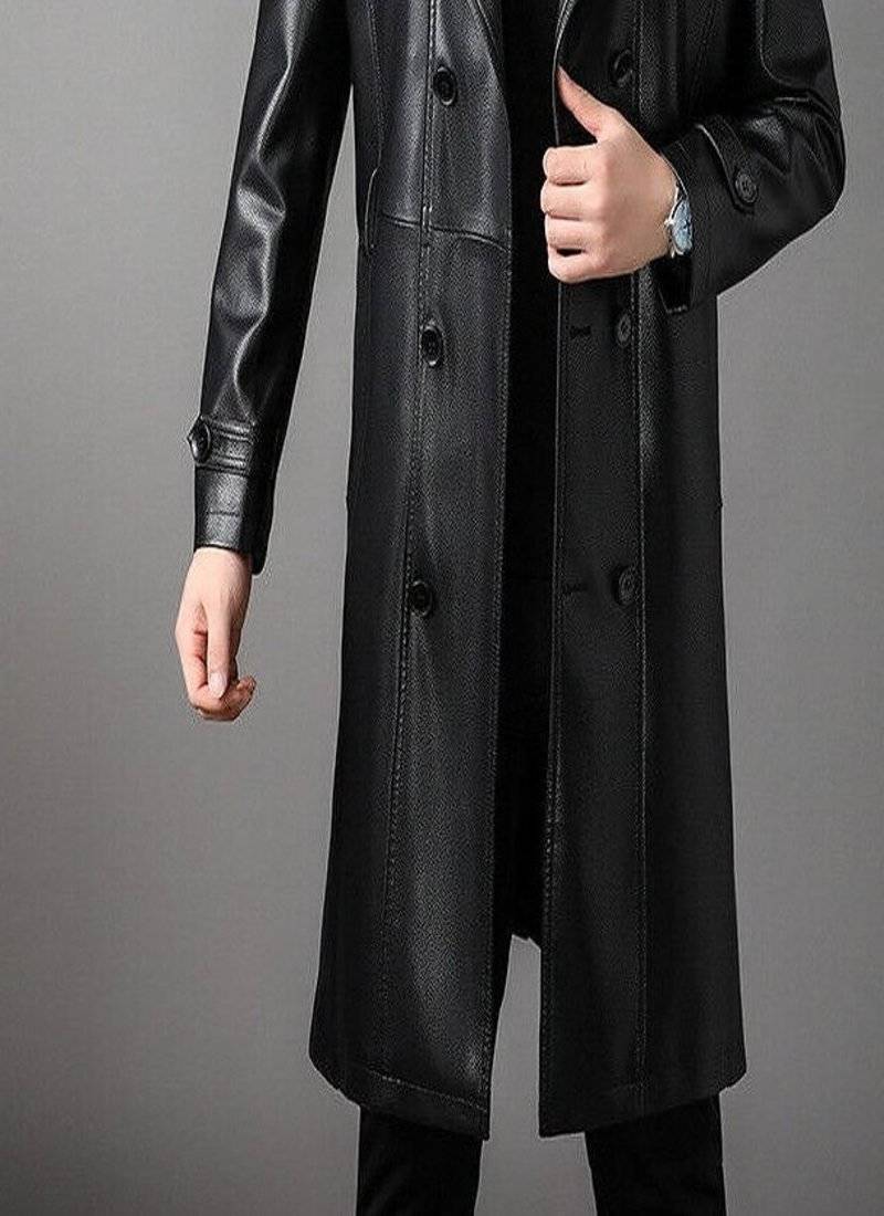 Men's black  lambskin leather long tranch coat & notched lapel collar & sleeve straps detail