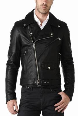 Men's black lambskin leather jacket multiple zipper & waist belt style 1