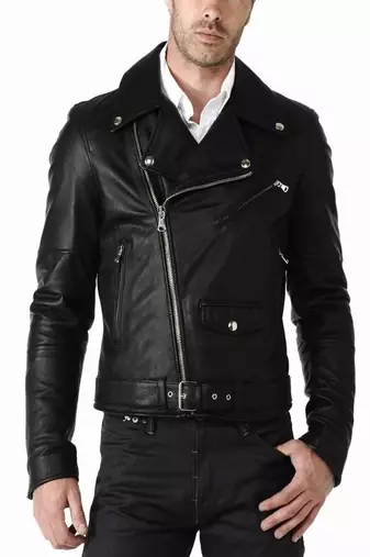 Men's black lambskin leather jacket multiple zipper & waist belt style