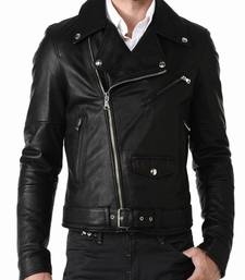 Men's black lambskin leather jacket multiple zipper & waist belt style