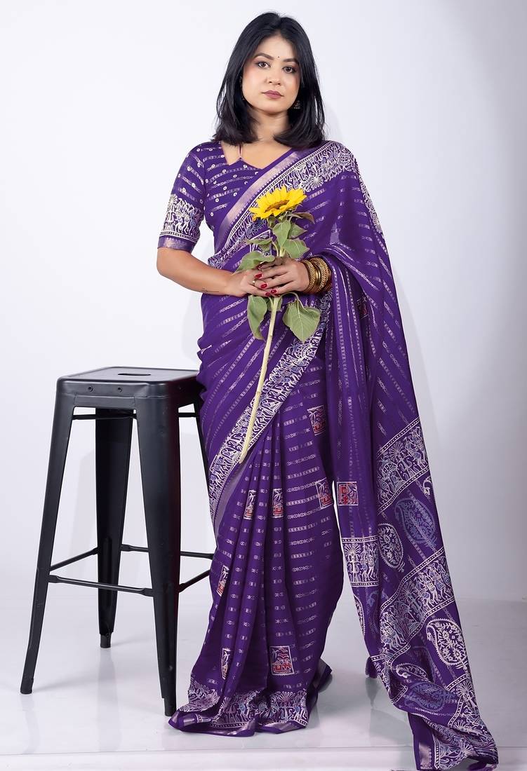 Blue zari woven stripes printed cotton silk blend  saree with unstitched blouse piece
