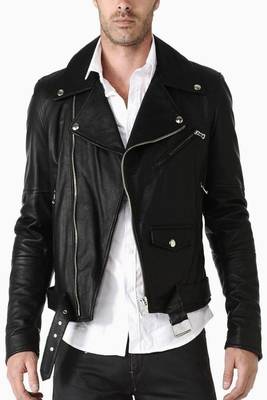Men's black lambskin leather jacket multiple zipper & waist belt style 2