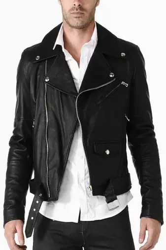 Men's black lambskin leather jacket multiple zipper & waist belt style