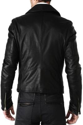 Men's black lambskin leather jacket multiple zipper & waist belt style 3