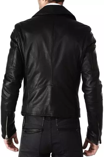 Men's black lambskin leather jacket multiple zipper & waist belt style