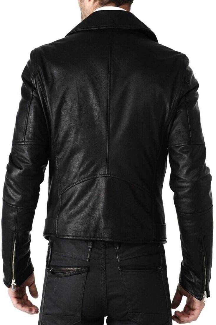 Men's black lambskin leather jacket multiple zipper & waist belt style