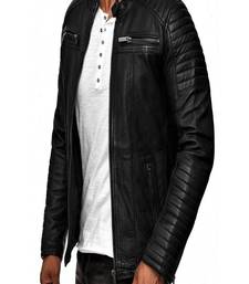 Men's black  lambskin leather jacket-quilted hand  & 2 pocket zipper