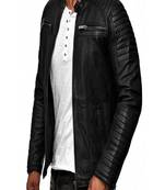 Men's black  lambskin leather jacket-quilted hand  & 2 pocket zipper
