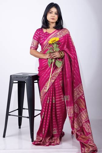 Pink zari woven stripes printed cotton silk blend  saree with unstitched blouse piece