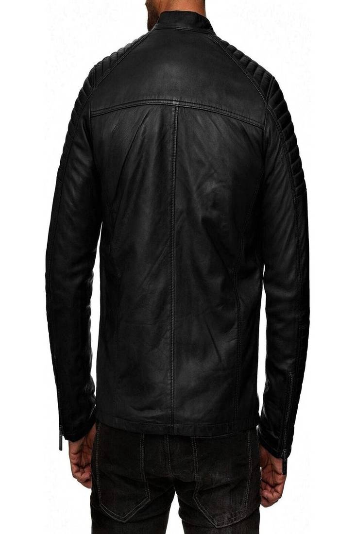 Men's black  lambskin leather jacket-quilted hand  & 2 pocket zipper