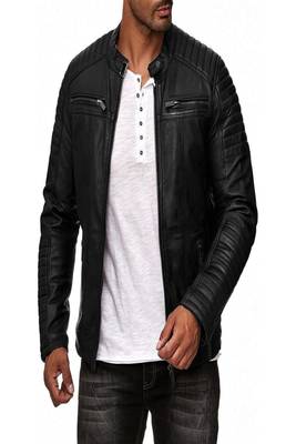 Men's black  lambskin leather jacket-quilted hand  & 2 pocket zipper 3