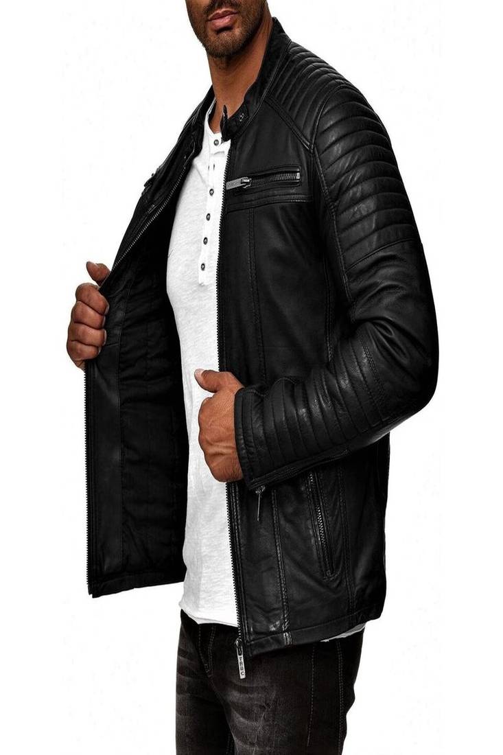 Men's black  lambskin leather jacket-quilted hand  & 2 pocket zipper