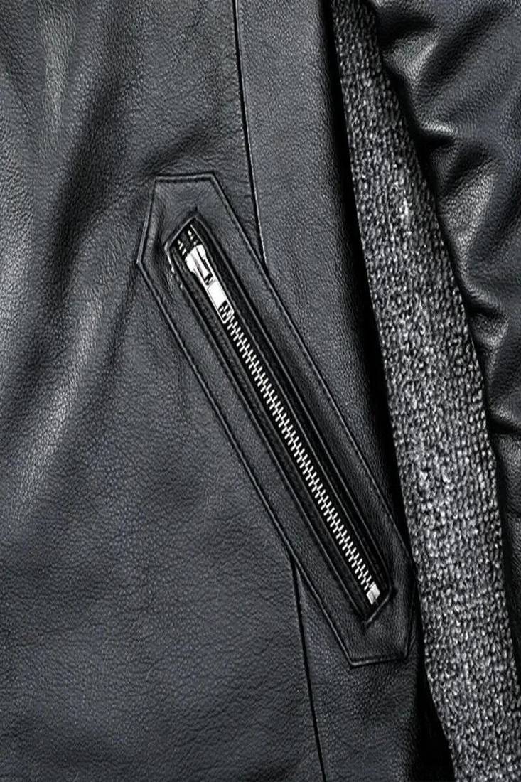 Men's black  lambskin leather jacket-straight zipper & café racer colar style