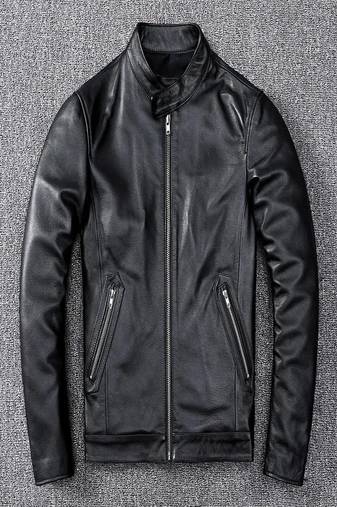 Men's black  lambskin leather jacket-straight zipper & café racer colar style