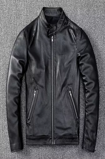Men's black  lambskin leather jacket-straight zipper & café racer colar style