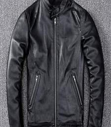 Men's black  lambskin leather jacket-straight zipper & café racer colar style
