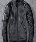 Men's black  lambskin leather jacket-straight zipper & café racer colar style